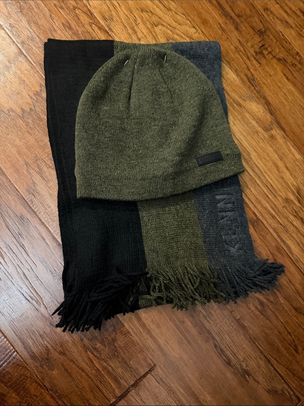 Reaction Kenneth Cole Olive, Black & Gray Knit Scarf with Olive Beanie